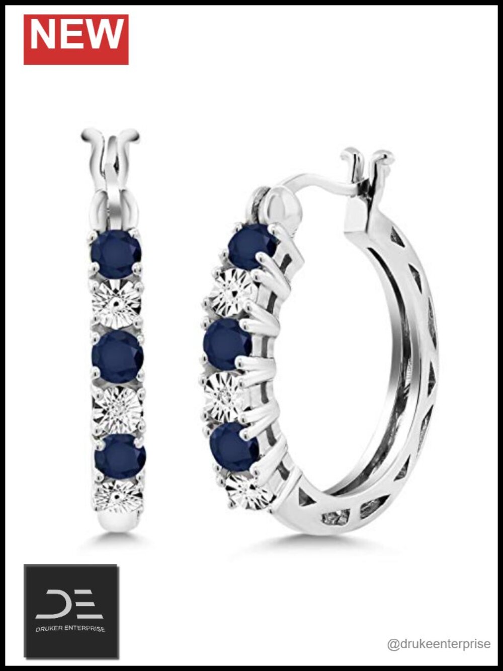 925 Sterling Silver Blue Sapphire Lab Grown Diamond Hoop Earrings